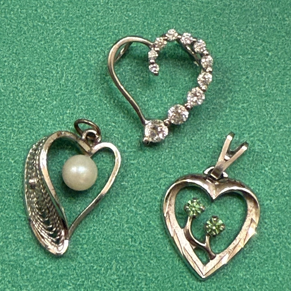 3 vintage sterling silver heart pendants lot marked JCM lCC
